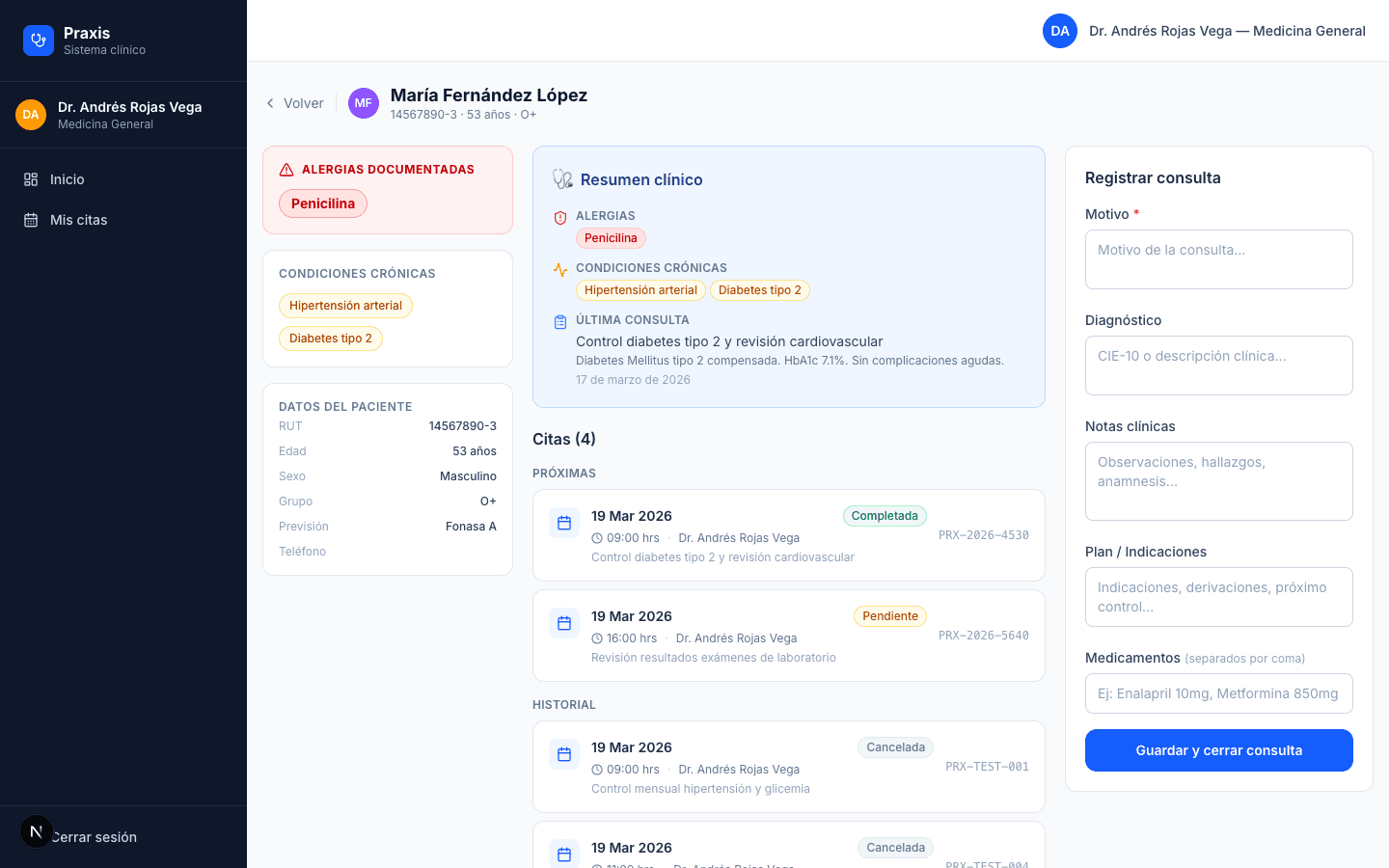 Ficha clínica del paciente en Praxis